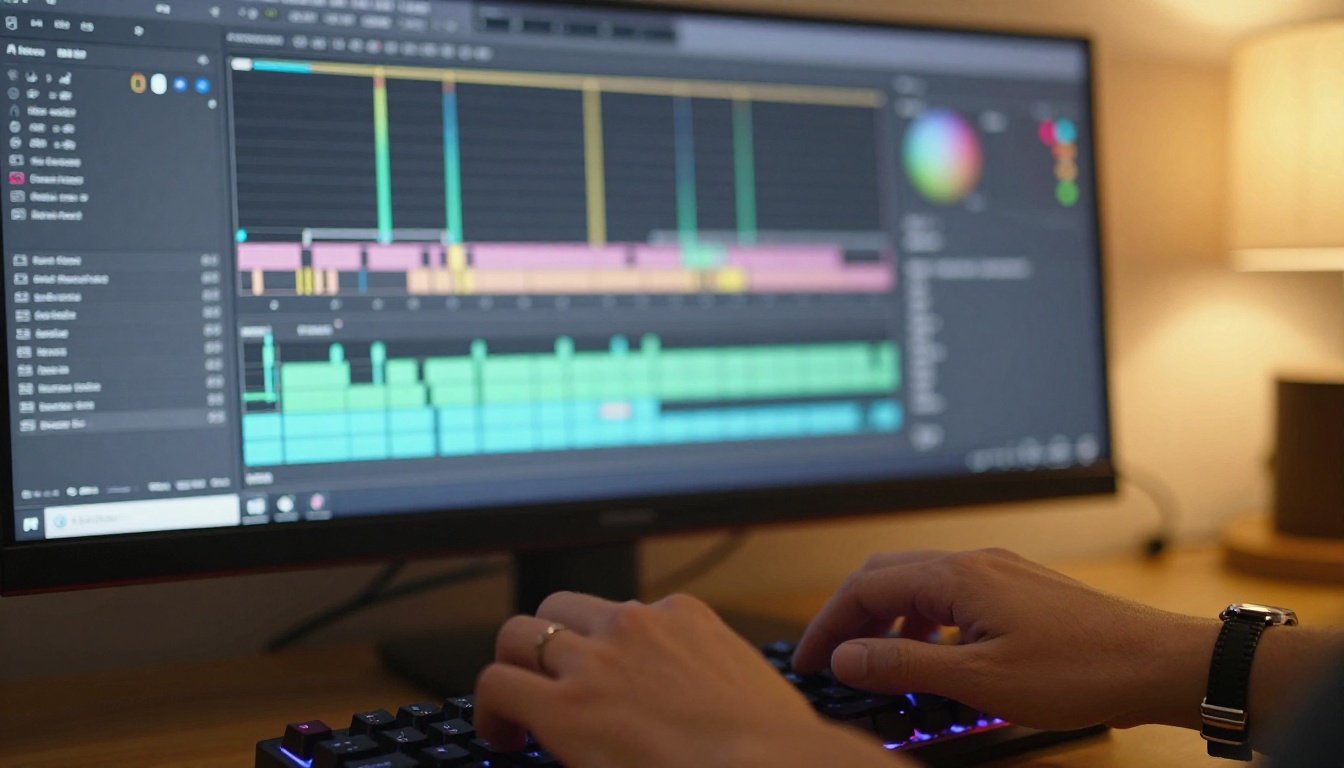 Professional video editor's hands on keyboard with motion keyframe timeline on monitor, warm desk lamp, photorealistic 8K