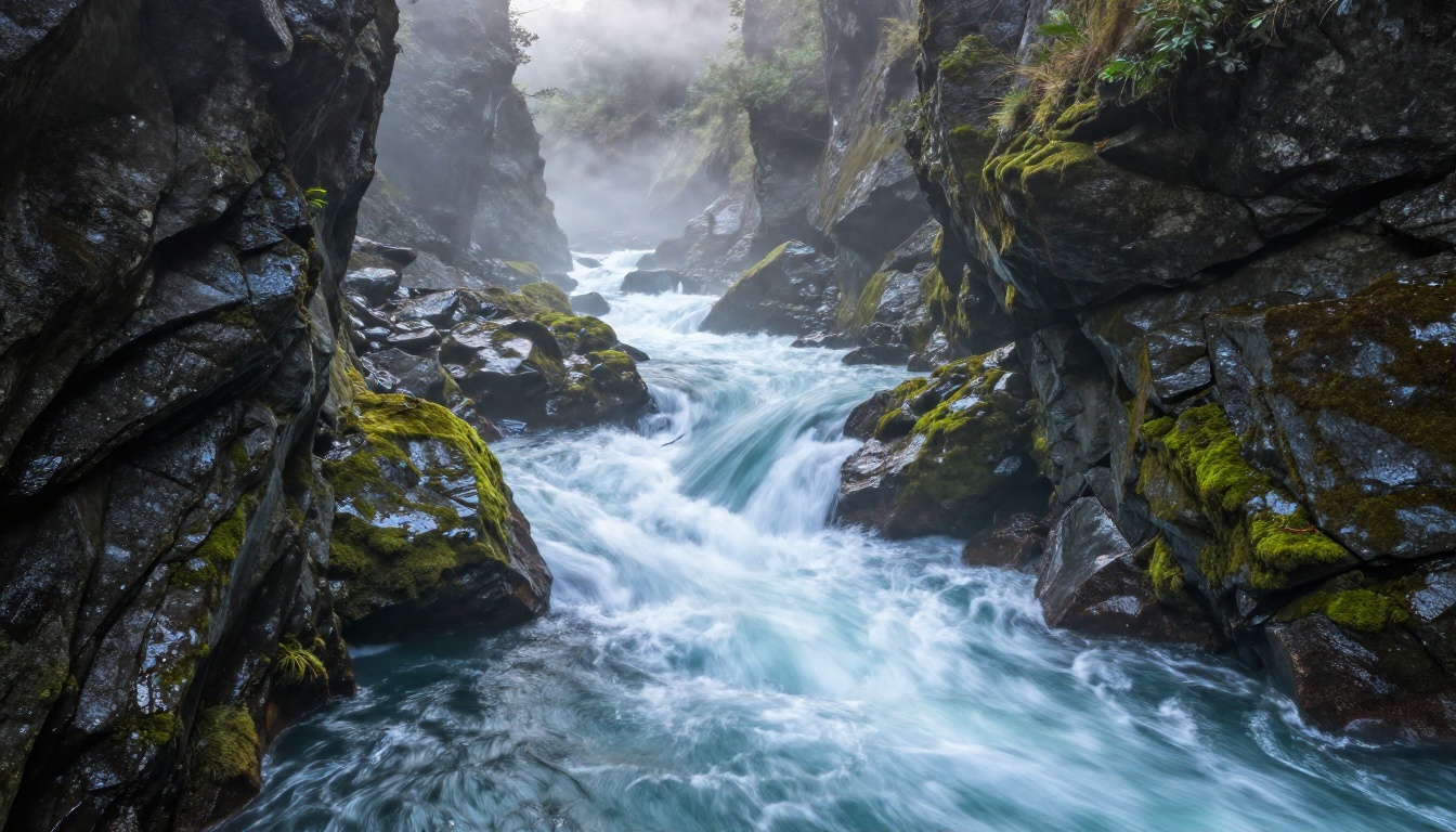 Mountain river flowing through canyon with silky water motion, morning mist rising from rapids, aerial view, photorealistic 8K