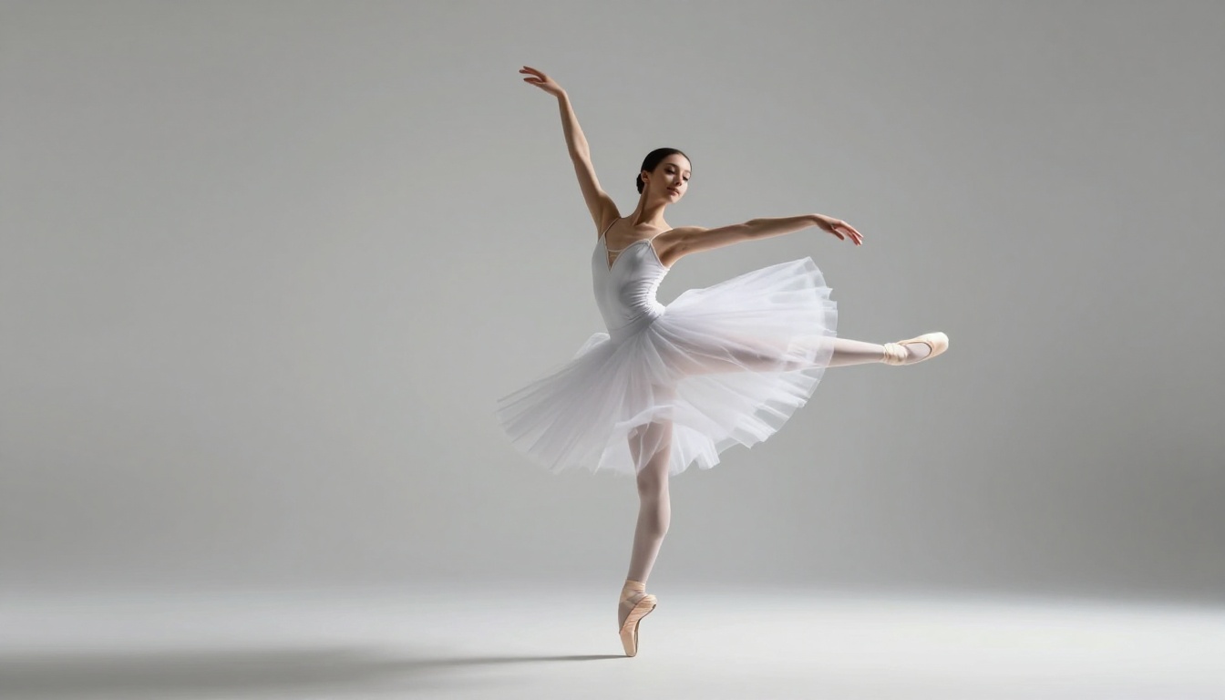 Ballet dancer mid-grand-jete leap with natural motion blur on trailing arms, studio softbox lighting, photorealistic 8K