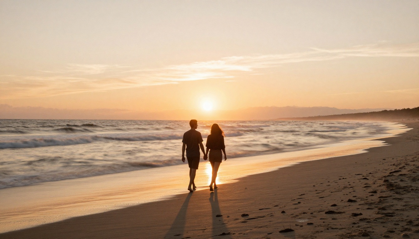 Couple walking hand-in-hand on beach at golden hour, long exposure ocean waves, cinematic, photorealistic 8K