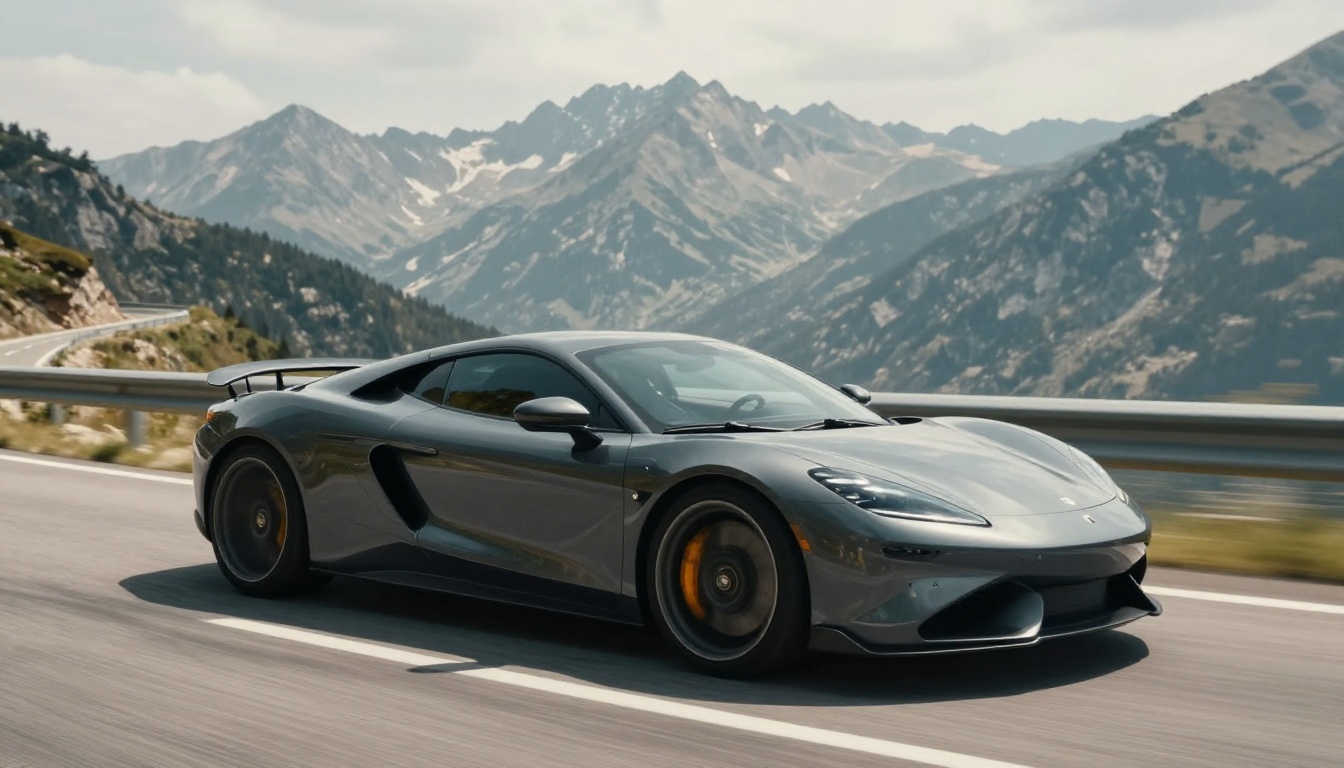 Sports car driving at speed on mountain road with motion blur on wheels, panning technique, photorealistic 8K