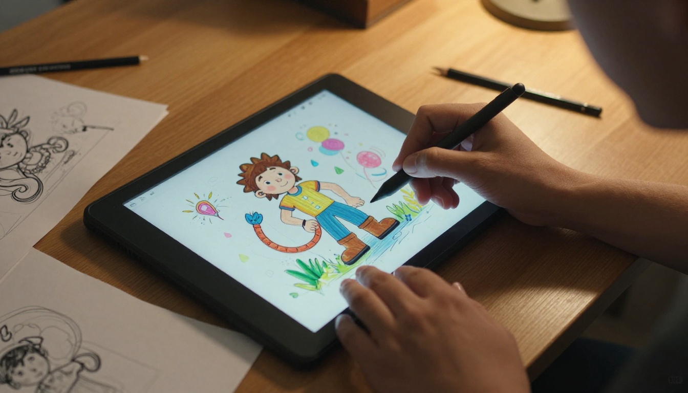 AI creative workstation with drawing tablet and colorful artwork AI creative workstation with drawing tablet and colorful artwork