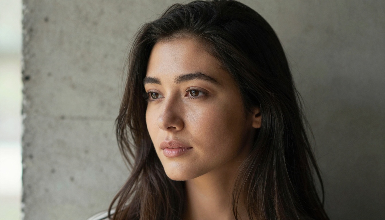 Beautiful woman with long dark hair against textured concrete wall, soft window light, 85mm portrait lens, photorealistic 8K