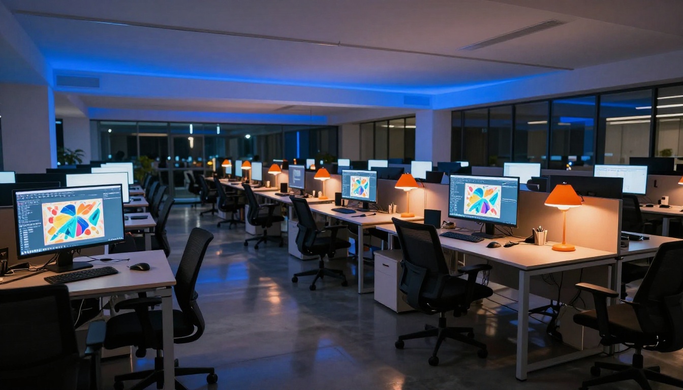 Modern creative agency office at night with glowing monitor rows Modern creative agency office at night with glowing monitor rows
