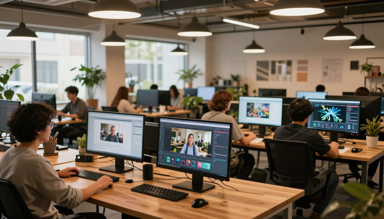 Modern co-working studio with multiple monitors showing AI video interfaces, warm ambient lighting, photorealistic 8K