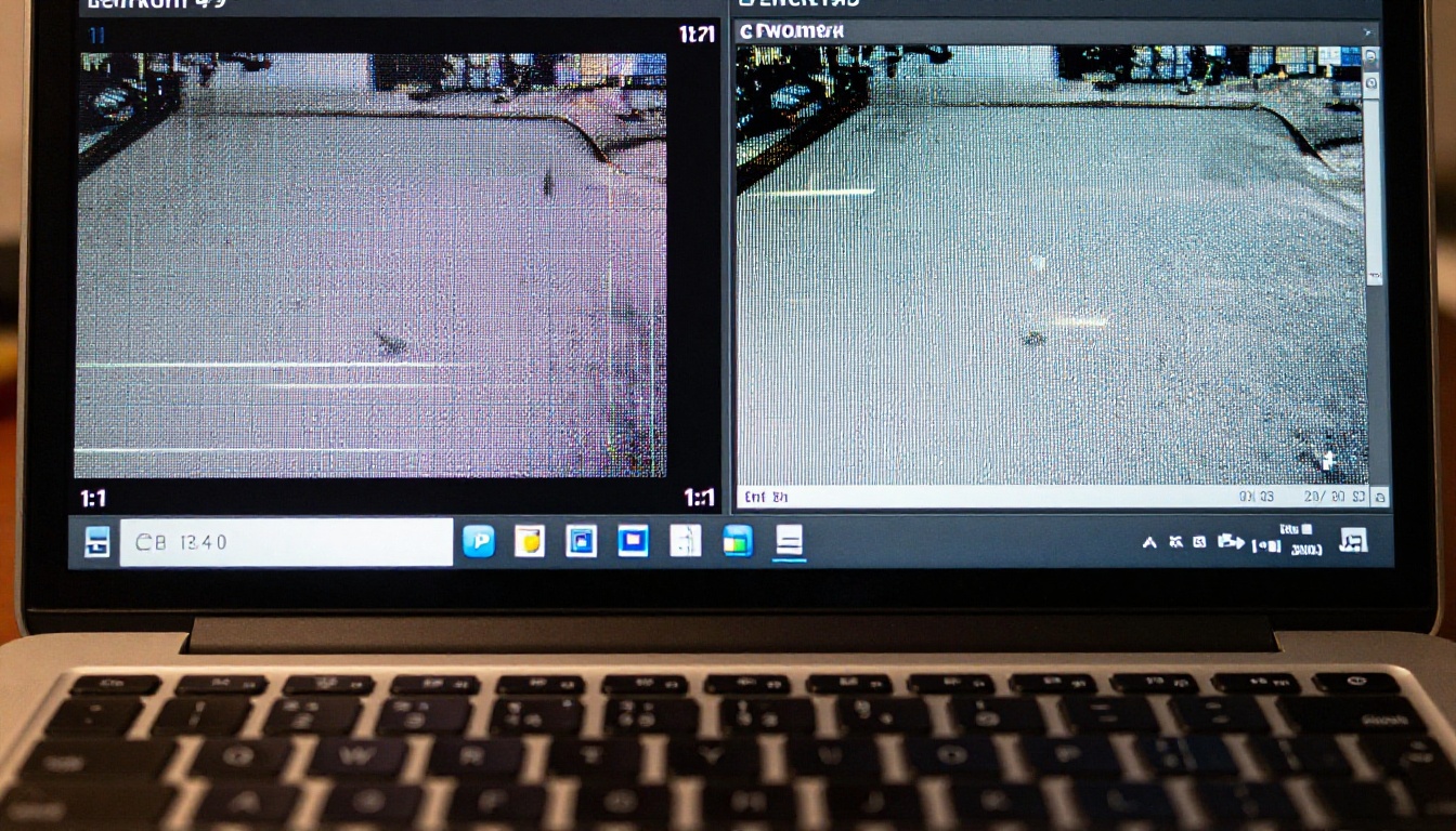 Macro close-up of laptop screen showing two video comparison panels side by side, natural indoor light, photorealistic 8K
