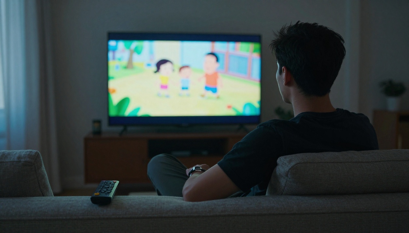Person watching animated content on a TV screen from behind in a dark room Person watching animated content on a TV screen from behind in a dark room