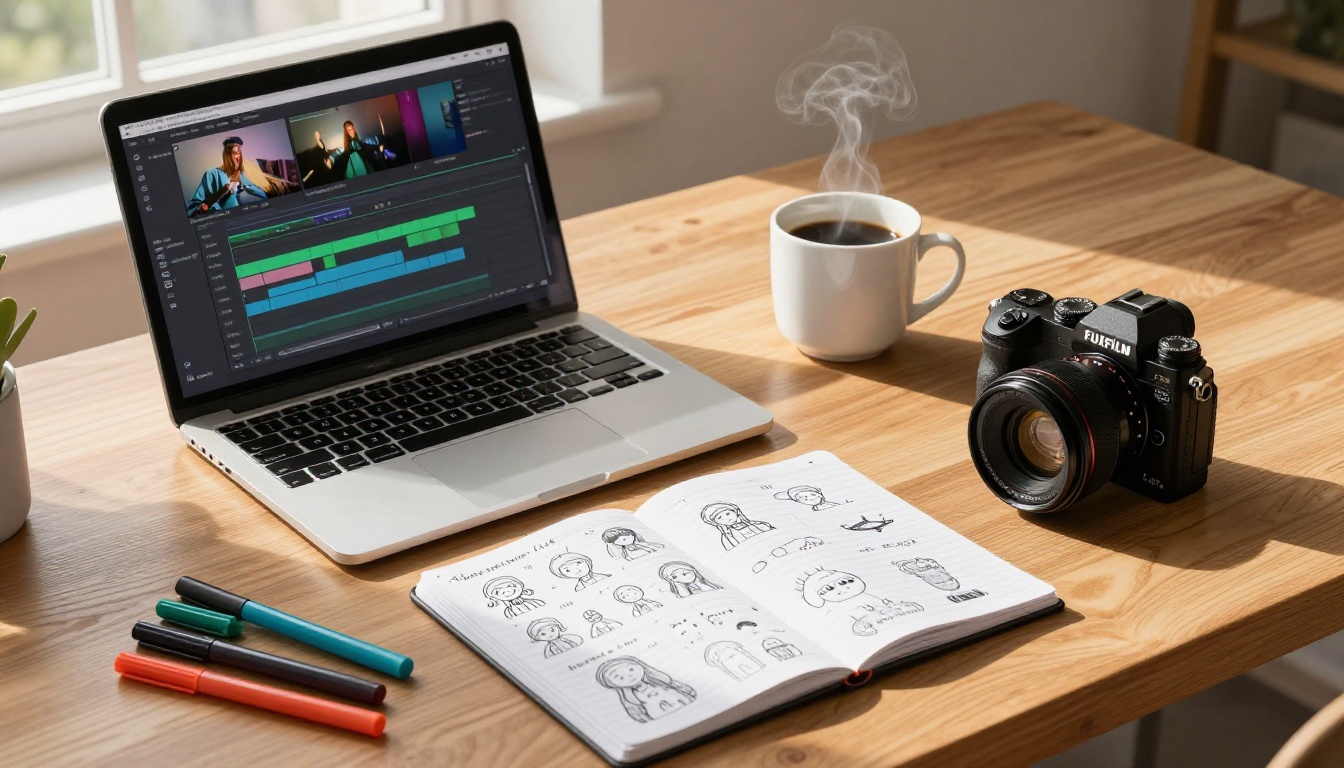 Creative workspace overhead with notebook and video timeline on laptop Creative workspace overhead with notebook and video timeline on laptop
