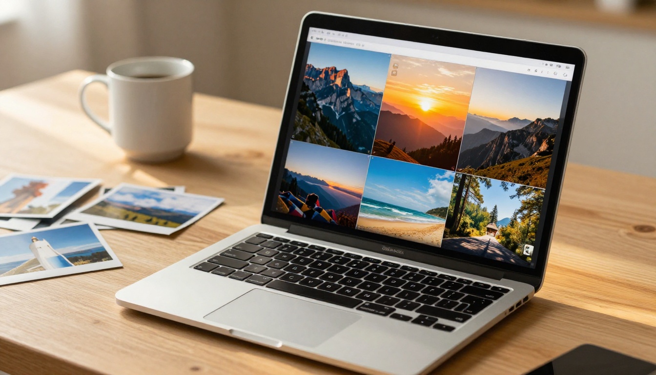 Laptop displaying a travel video slideshow with AI transitions