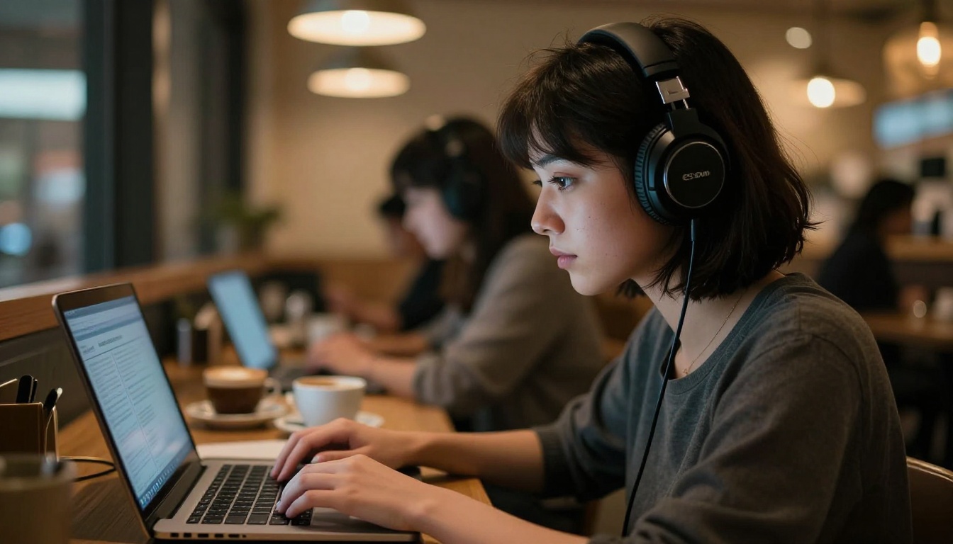 Focused woman with headphones working on a laptop in a warm-lit coffee shop Focused woman with headphones working on a laptop in a warm-lit coffee shop