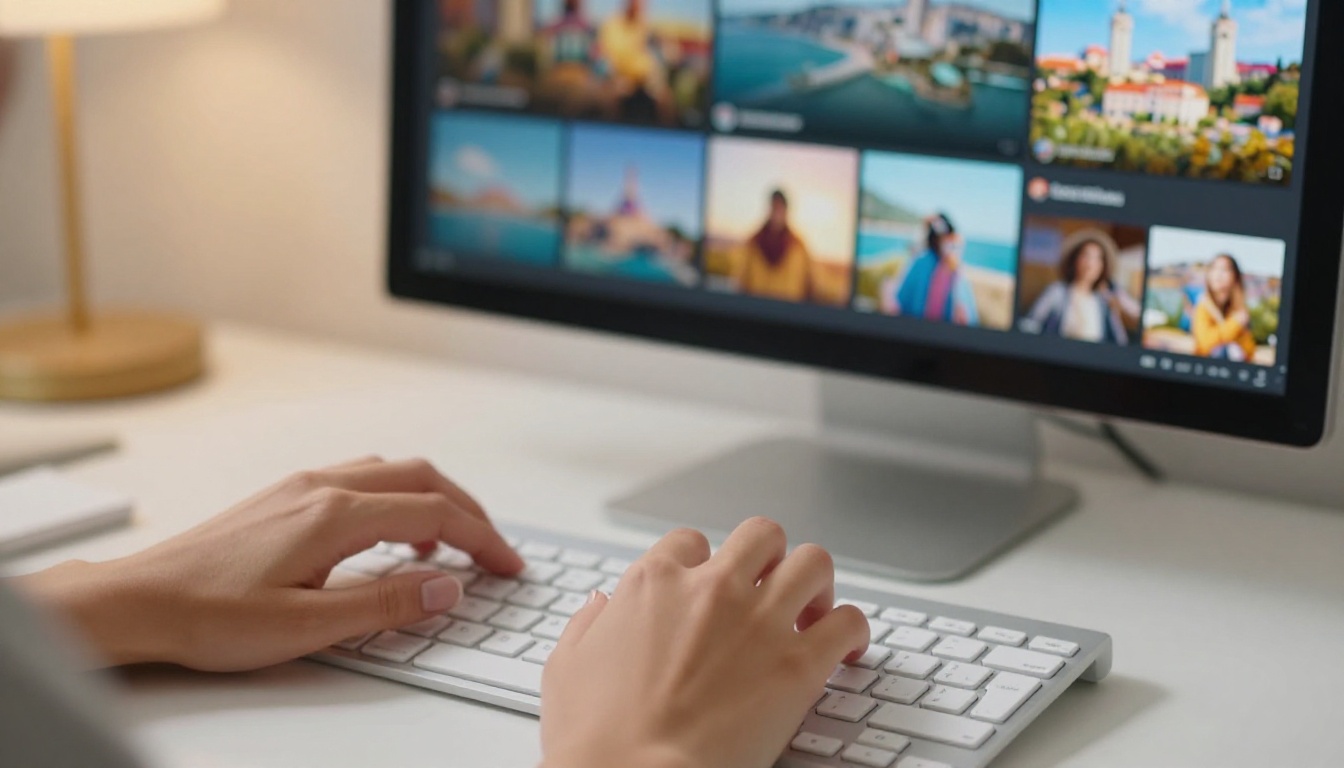 Content creator hands typing on keyboard while building an AI video slideshow