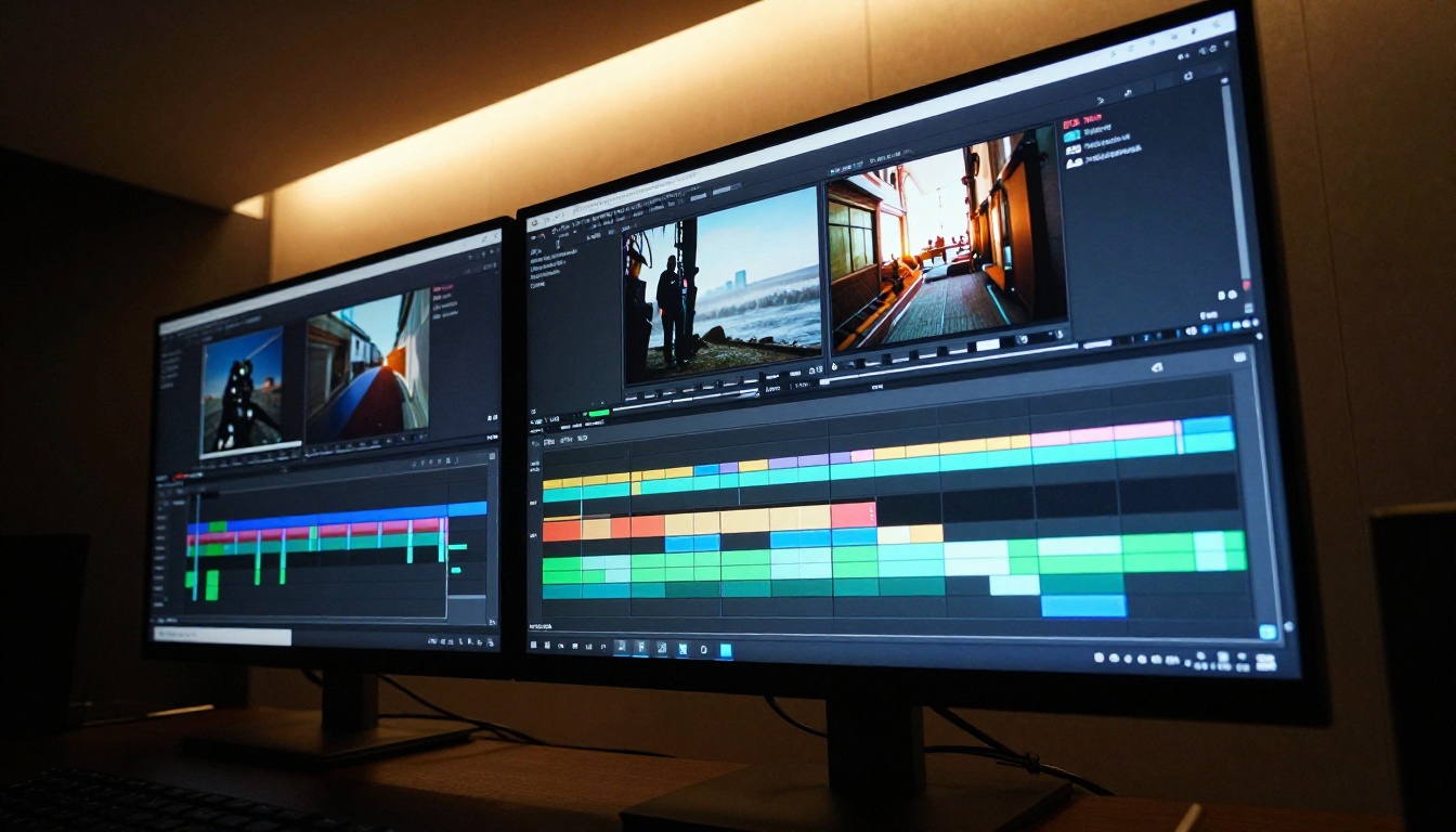 Professional monitor showing multi-track video timeline in a studio Professional monitor showing multi-track video timeline in a studio