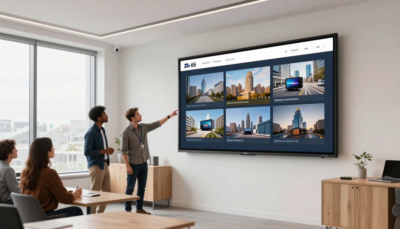 Marketing team in a bright office reviewing an AI-generated video slideshow on a large screen