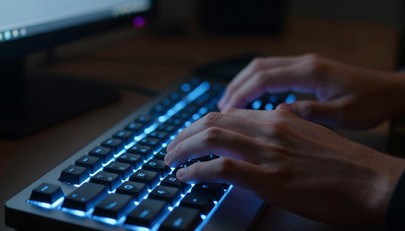 Close-up of hands hovering over a backlit mechanical keyboard in a dark room Close-up of hands hovering over a backlit mechanical keyboard in a dark room