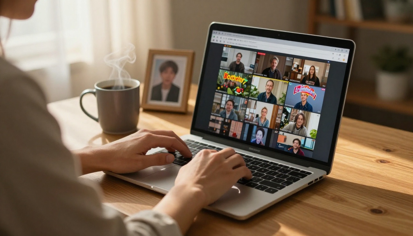 Person creating a birthday video at a cozy home workspace
