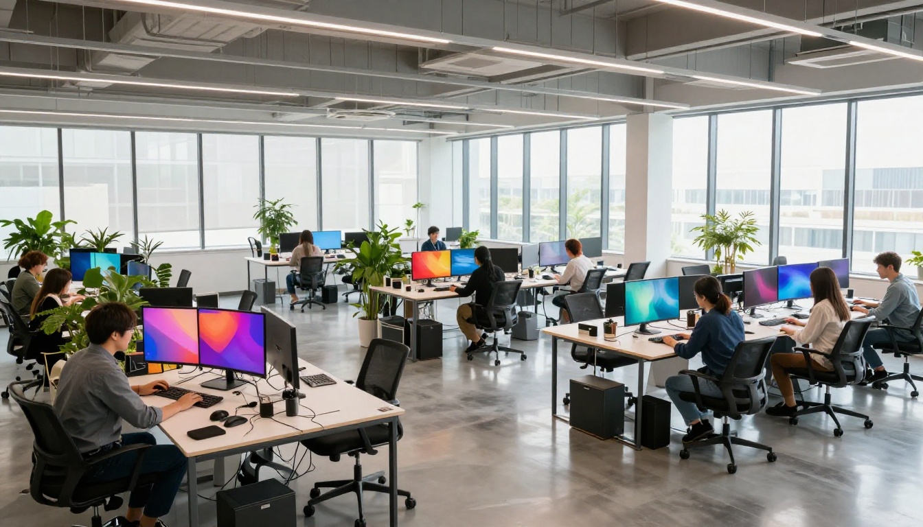 Aerial view of a modern open-plan creative studio with designers at workstations Aerial view of a modern open-plan creative studio with designers at workstations