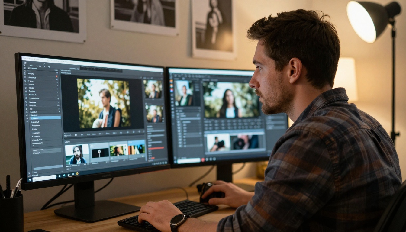 Male photographer at a professional dual-monitor workstation creating an AI video slideshow