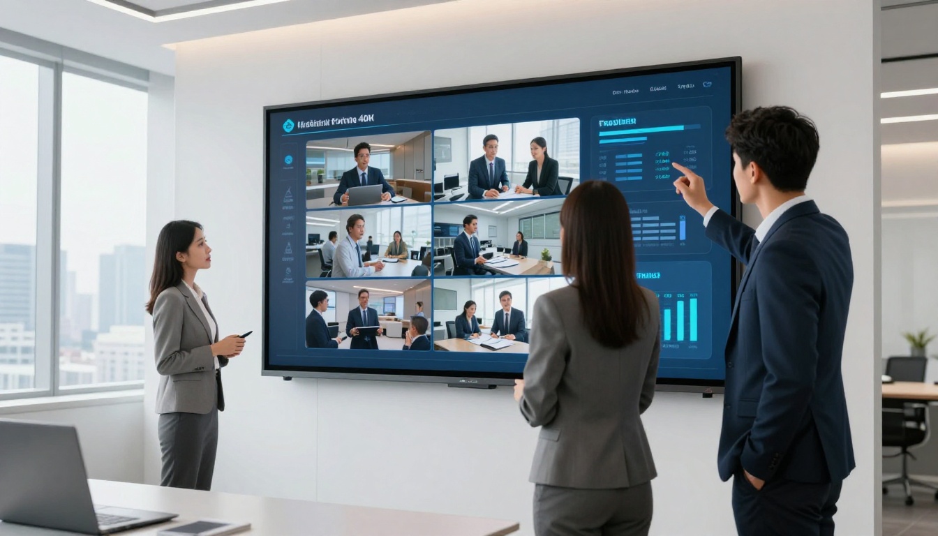 Two business professionals reviewing a polished corporate AI video slideshow on a large screen