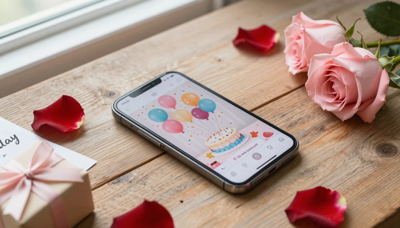 Birthday smartphone with video message surrounded by rose petals