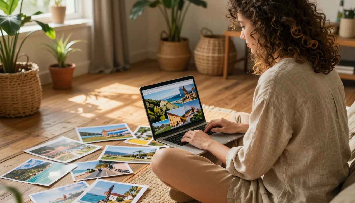 Travel blogger with printed photos and a laptop showing an AI-animated slideshow