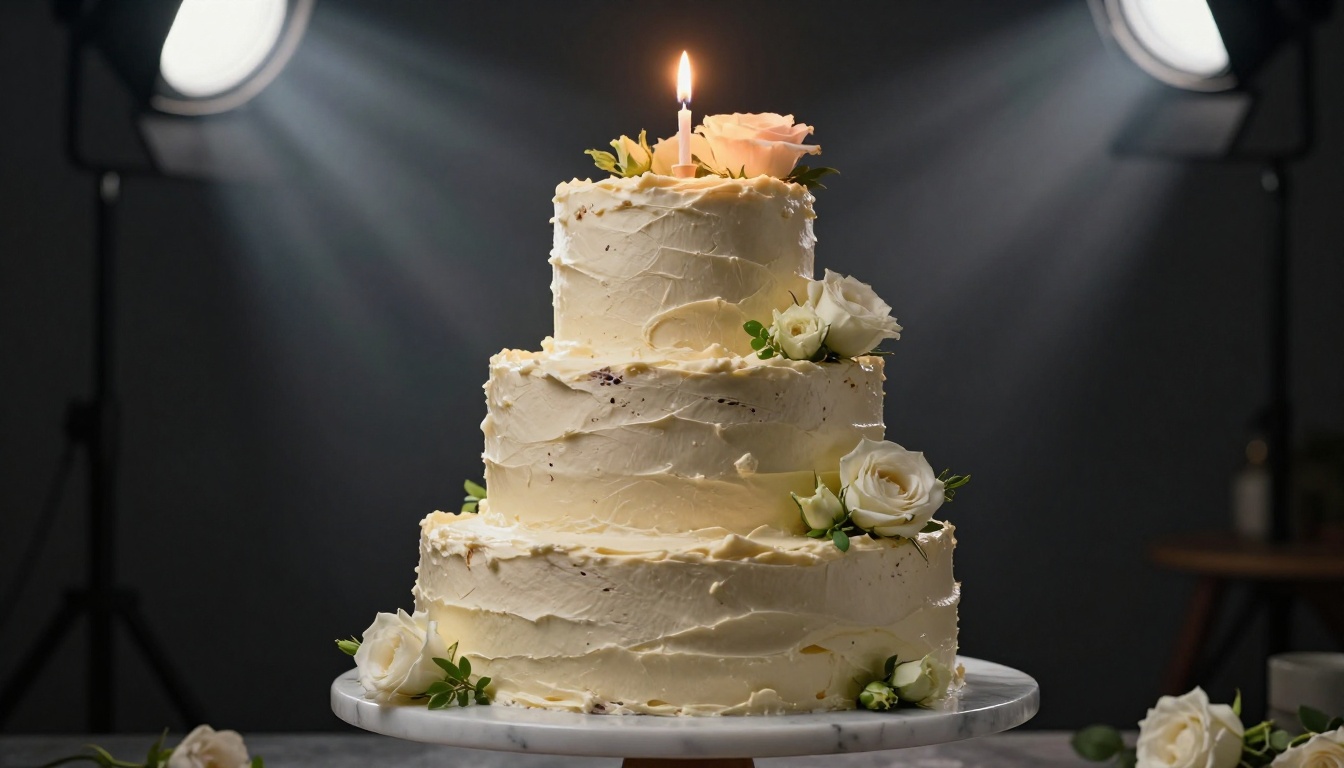 Close-up of birthday cake with lit candles in dramatic studio lighting