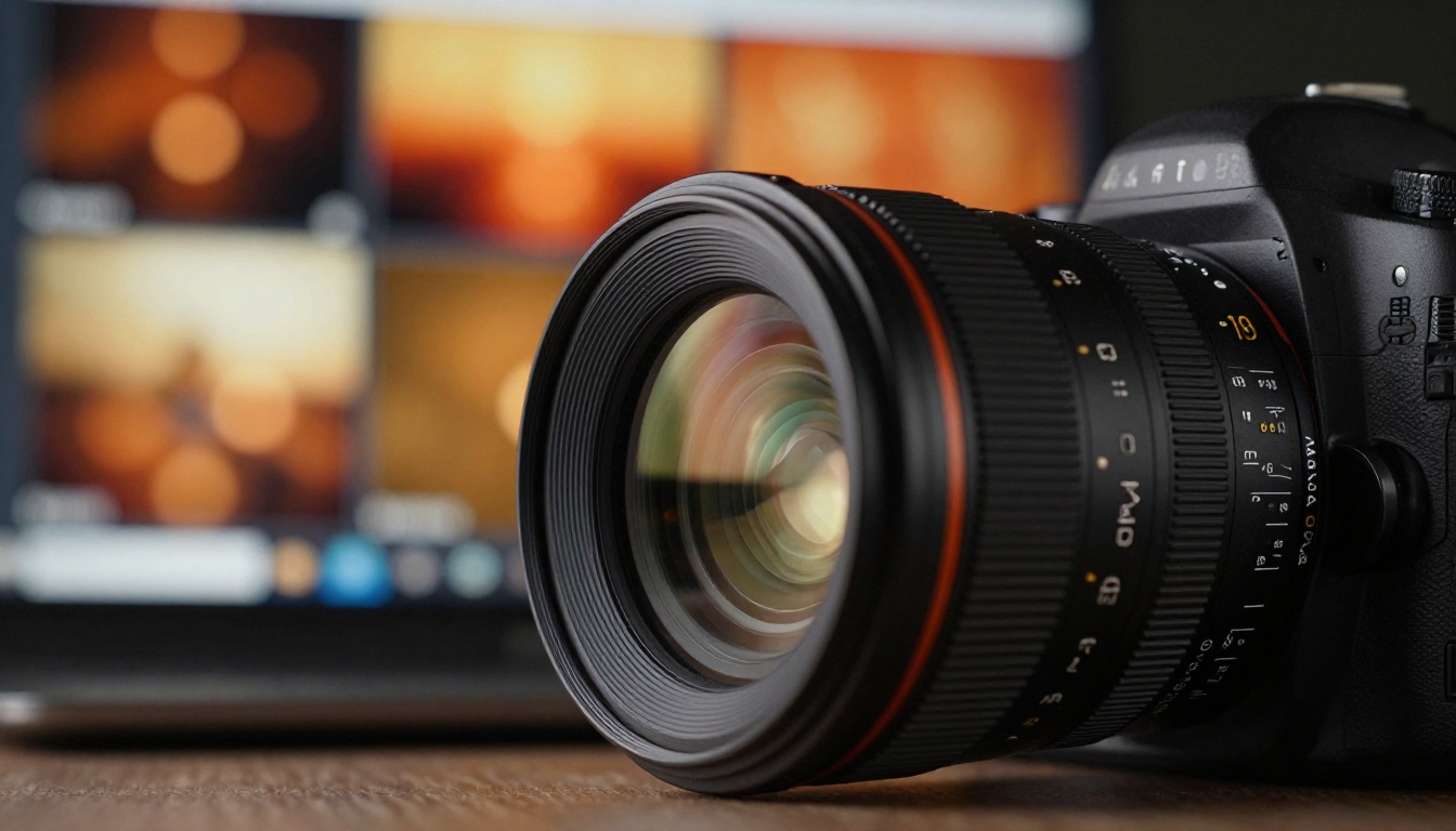 Close-up of a professional DSLR camera lens with warm bokeh of a slideshow playing in the background