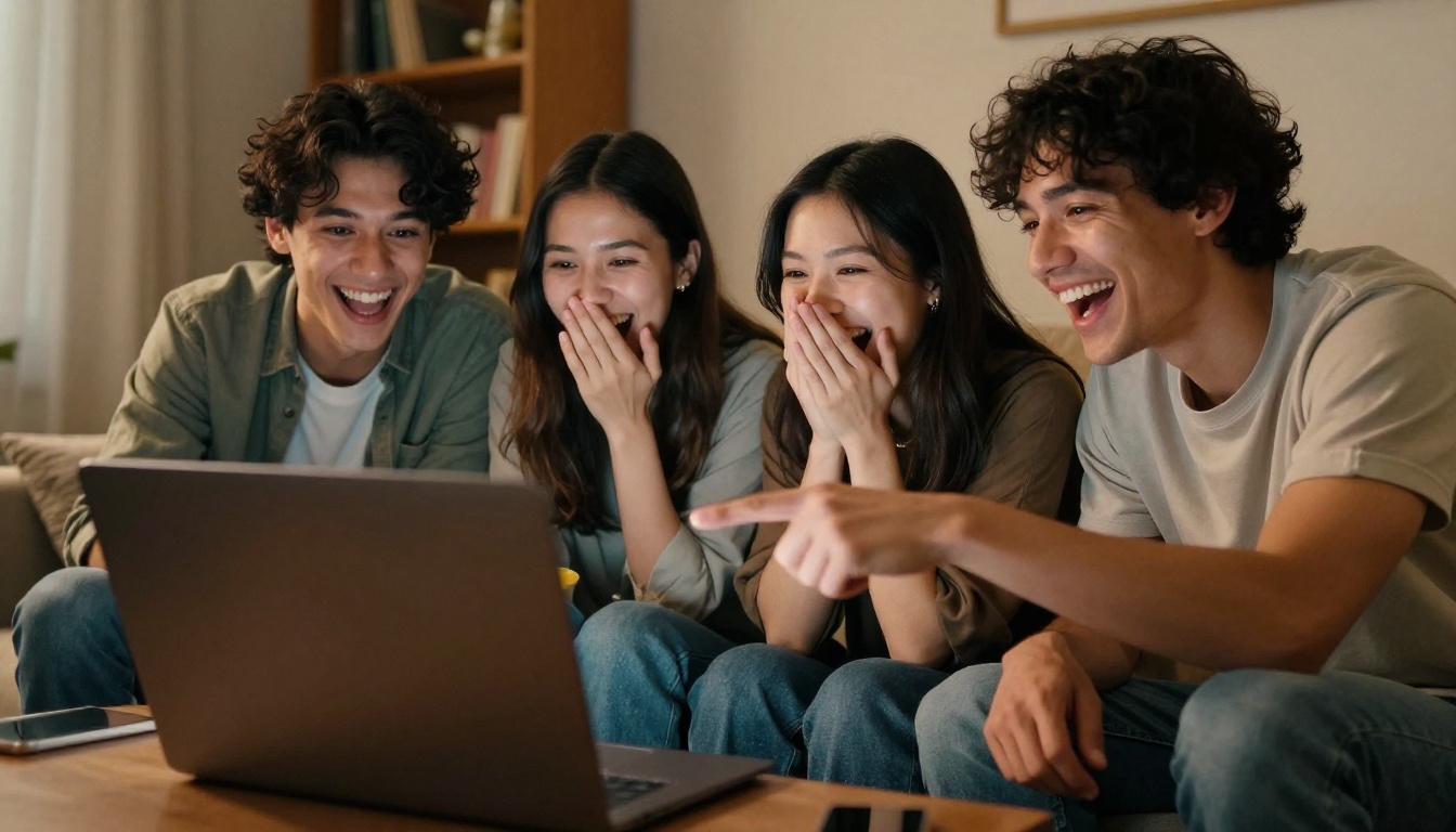 Friends gathered together watching a birthday video on a laptop