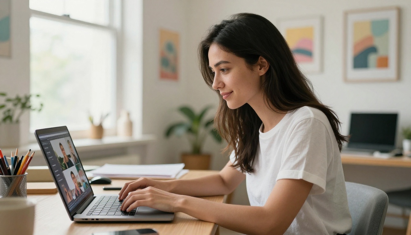 Young woman at a creative studio desk smiling at her completed AI video slideshow