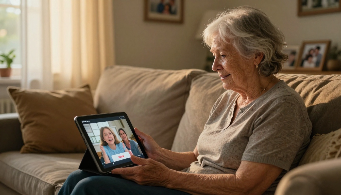 Grandmother watching an emotional birthday tribute video on a tablet