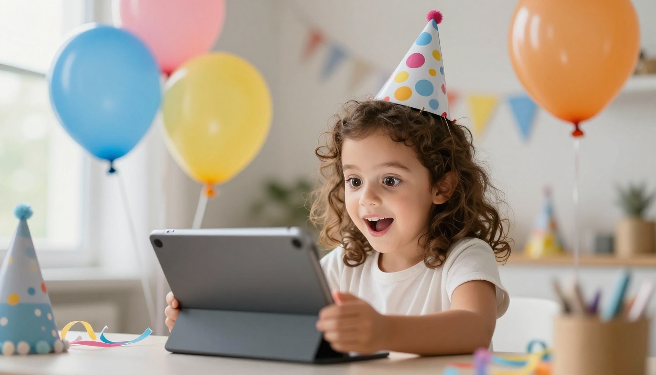 Young girl watching her birthday video with pure amazement
