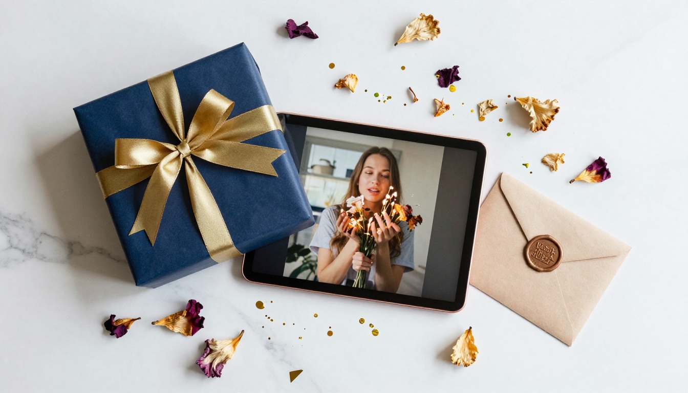 Birthday gift with tablet showing a birthday video, marble flat-lay