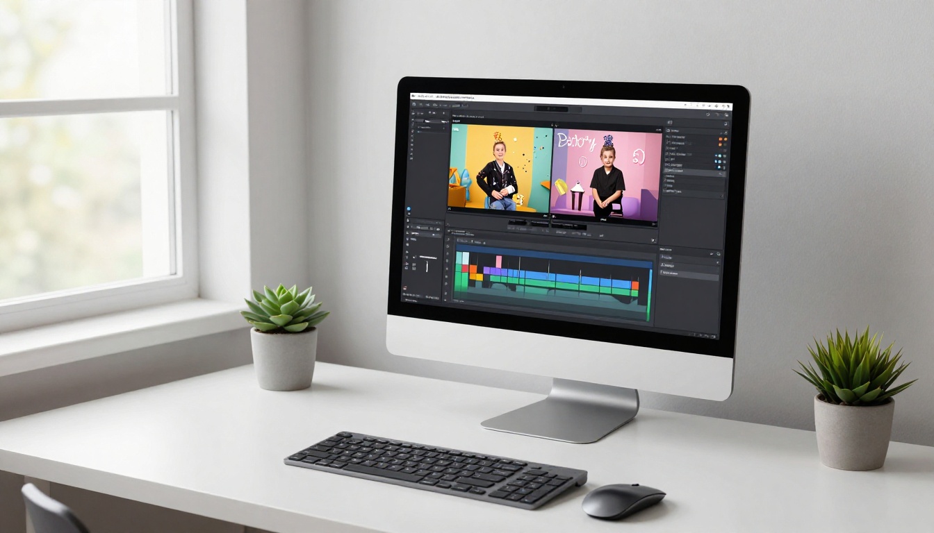 Professional creative workspace with birthday video editing on dual screens
