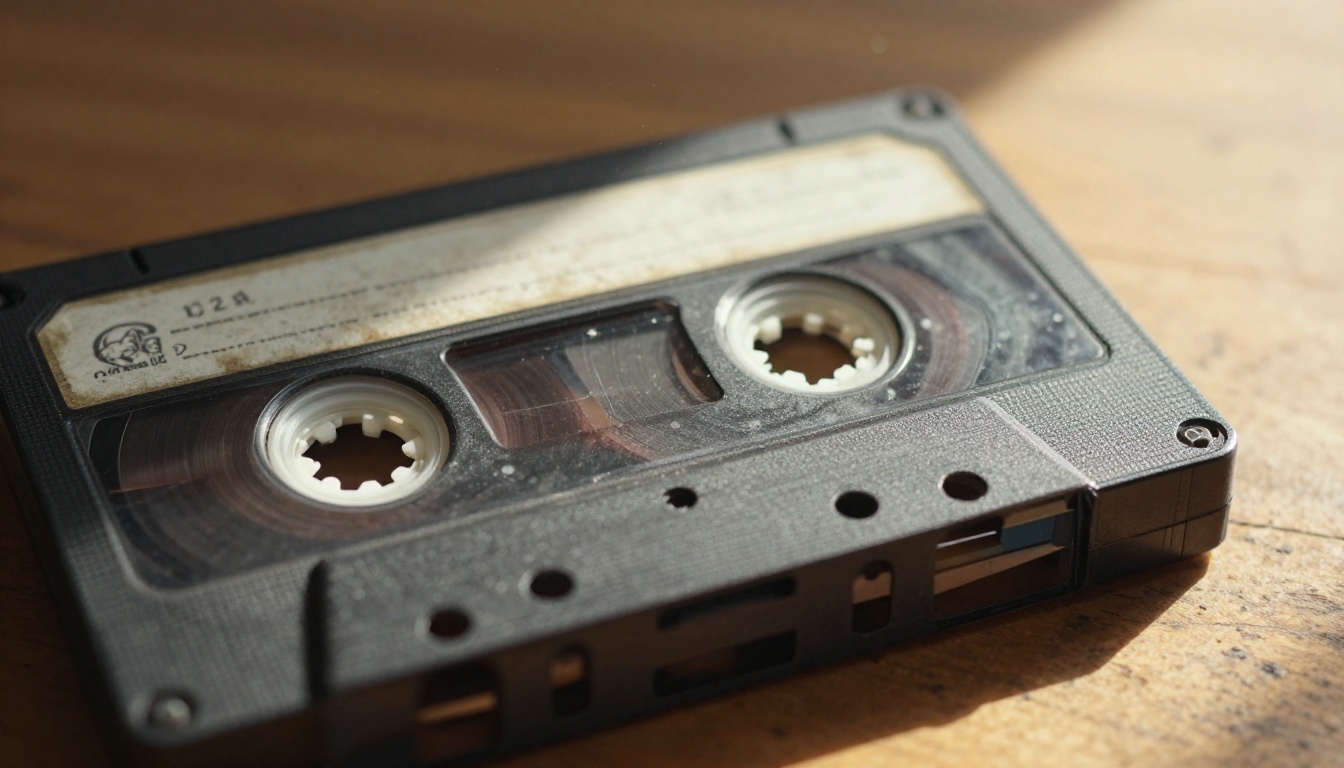 Weathered VHS tape cassette resting on aged oak wood surface