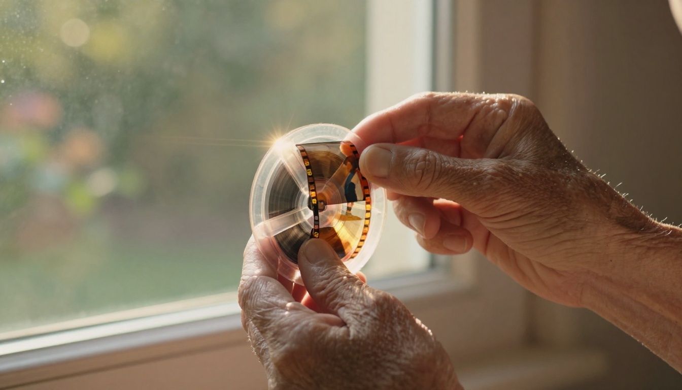 Elderly woman's hands holding a transparent 8mm film reel toward window light