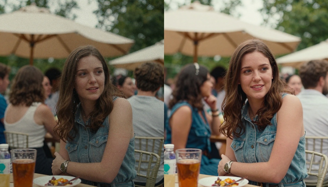 Split comparison showing pixelated old footage versus sharp AI-restored version