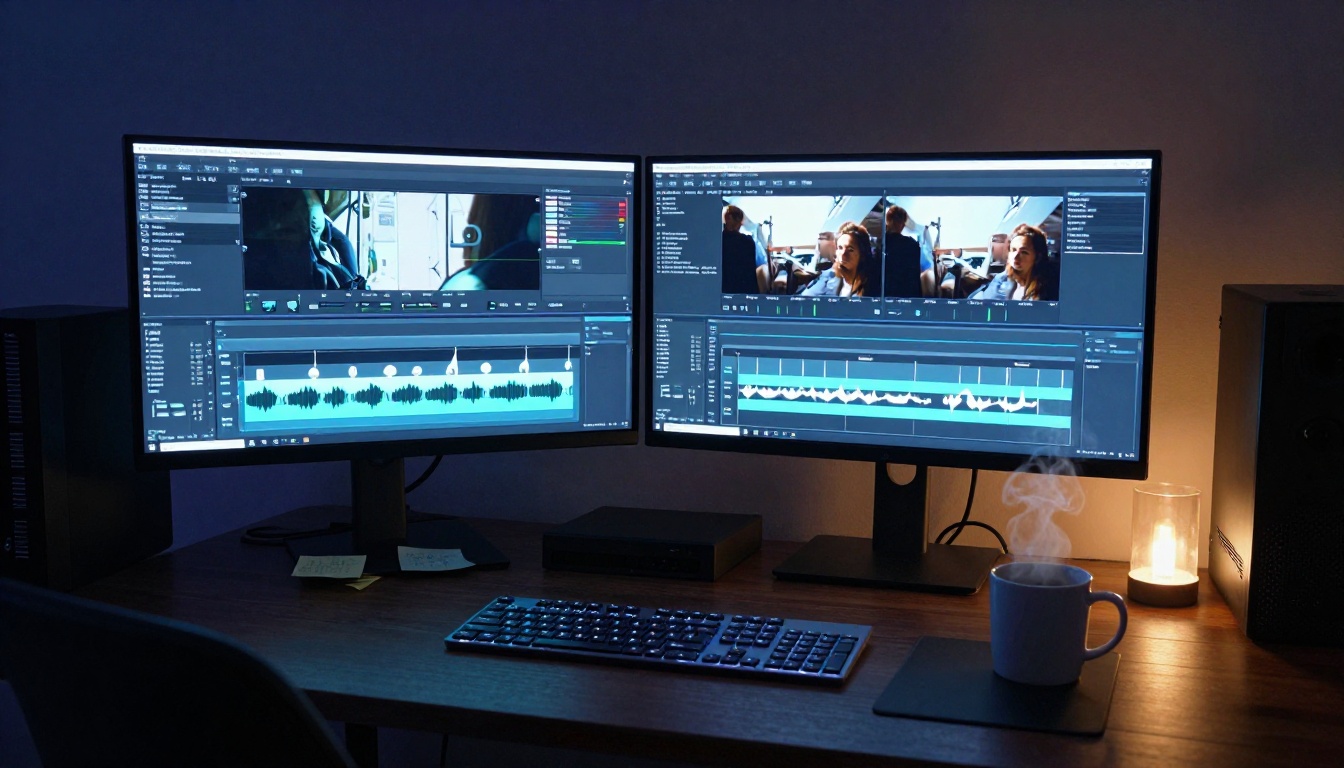 Professional video editing workstation with dual monitors showing restoration software