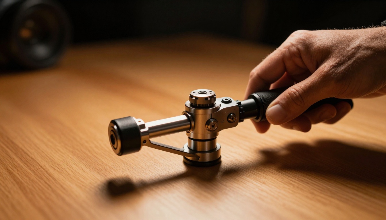 A filmmaker's hand gripping a professional gimbal stabilizer
