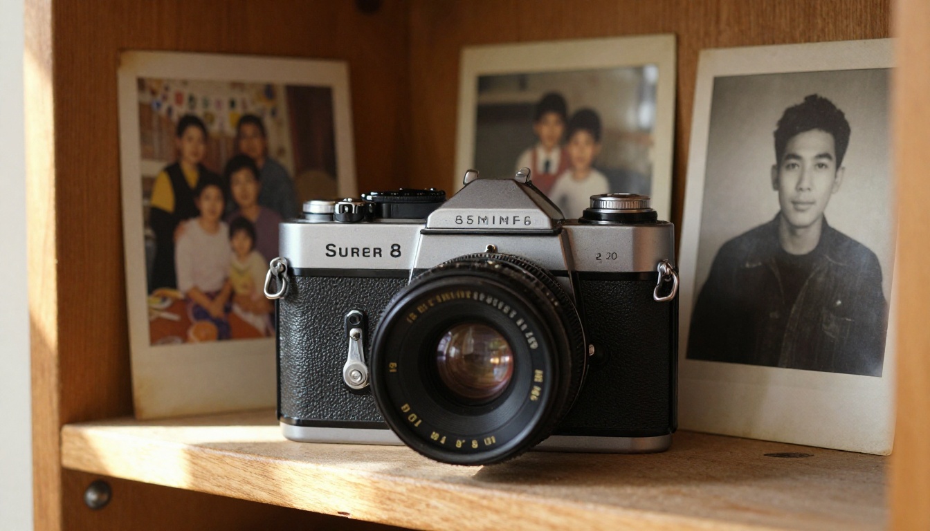 Vintage Super 8 film camera on wooden shelf surrounded by old family photographs