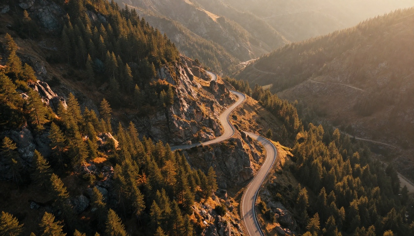 Cinematic aerial shot of winding mountain road at golden hour