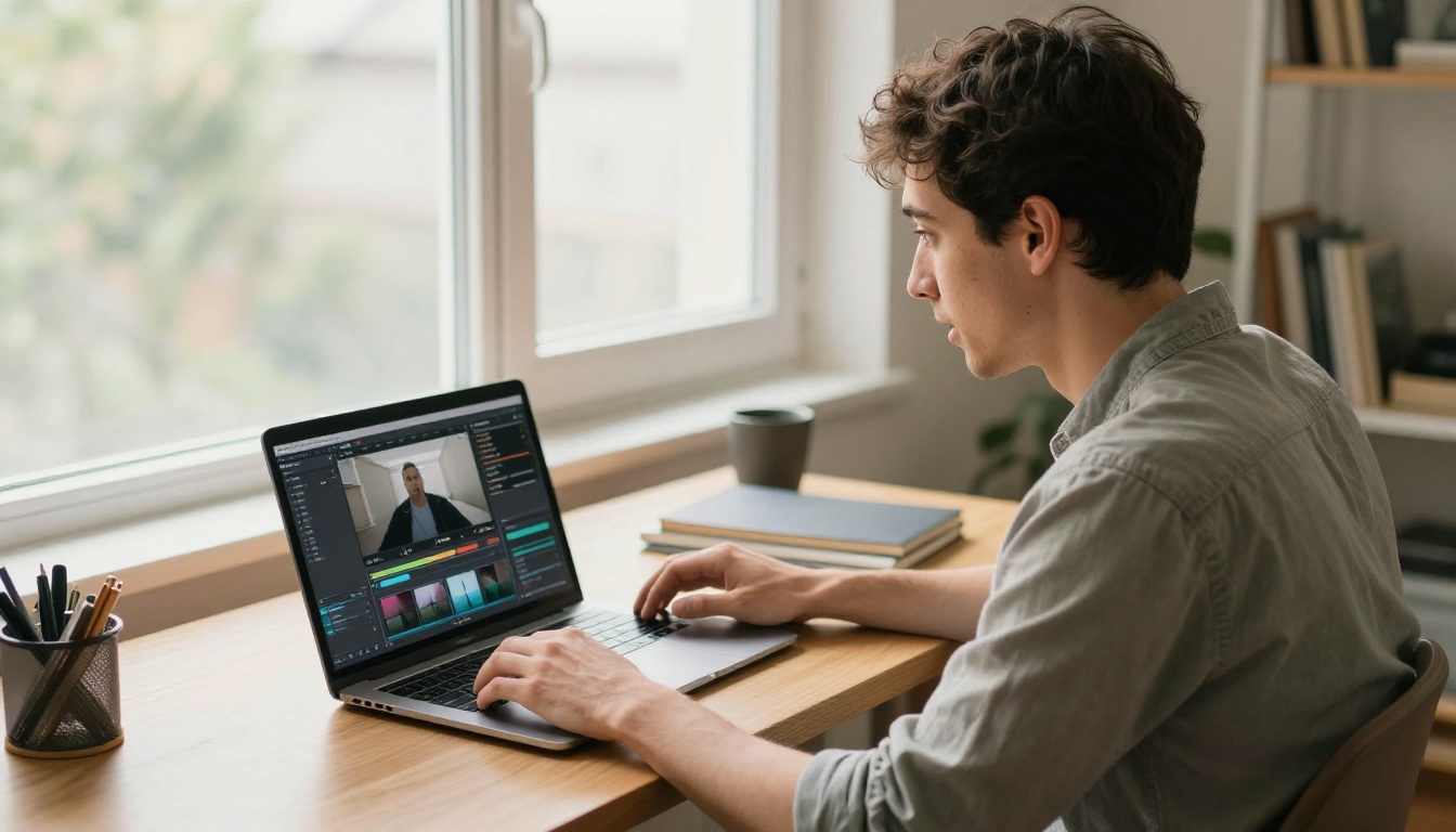Young man at home office desk with laptop showing AI video processing interface