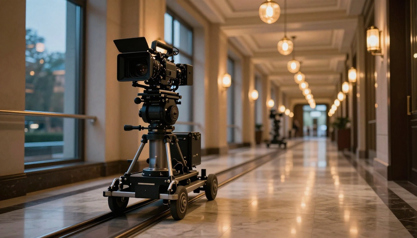 Film camera on a dolly track in a luxury hotel corridor