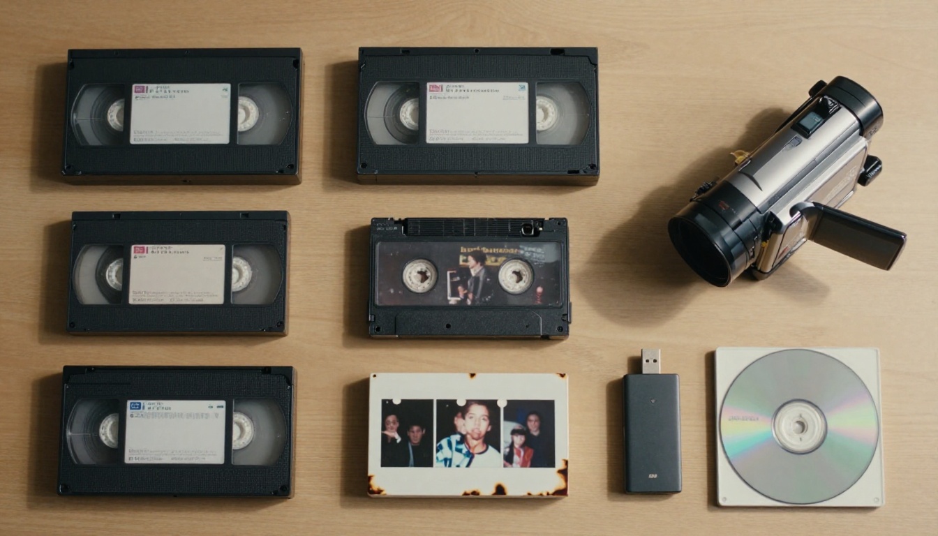 Overhead aerial view of VHS tapes, old camcorder, and family media on wooden table