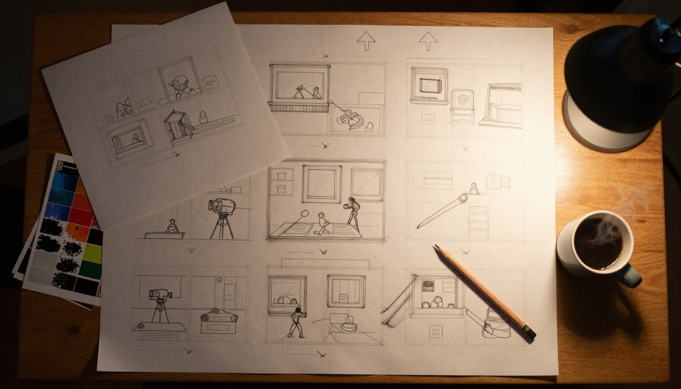 Overhead storyboard sketches showing camera movement arrows
