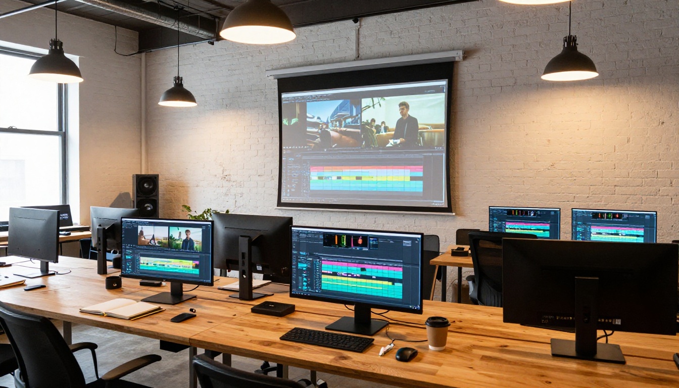 Wide interior of a modern creative studio with workstations