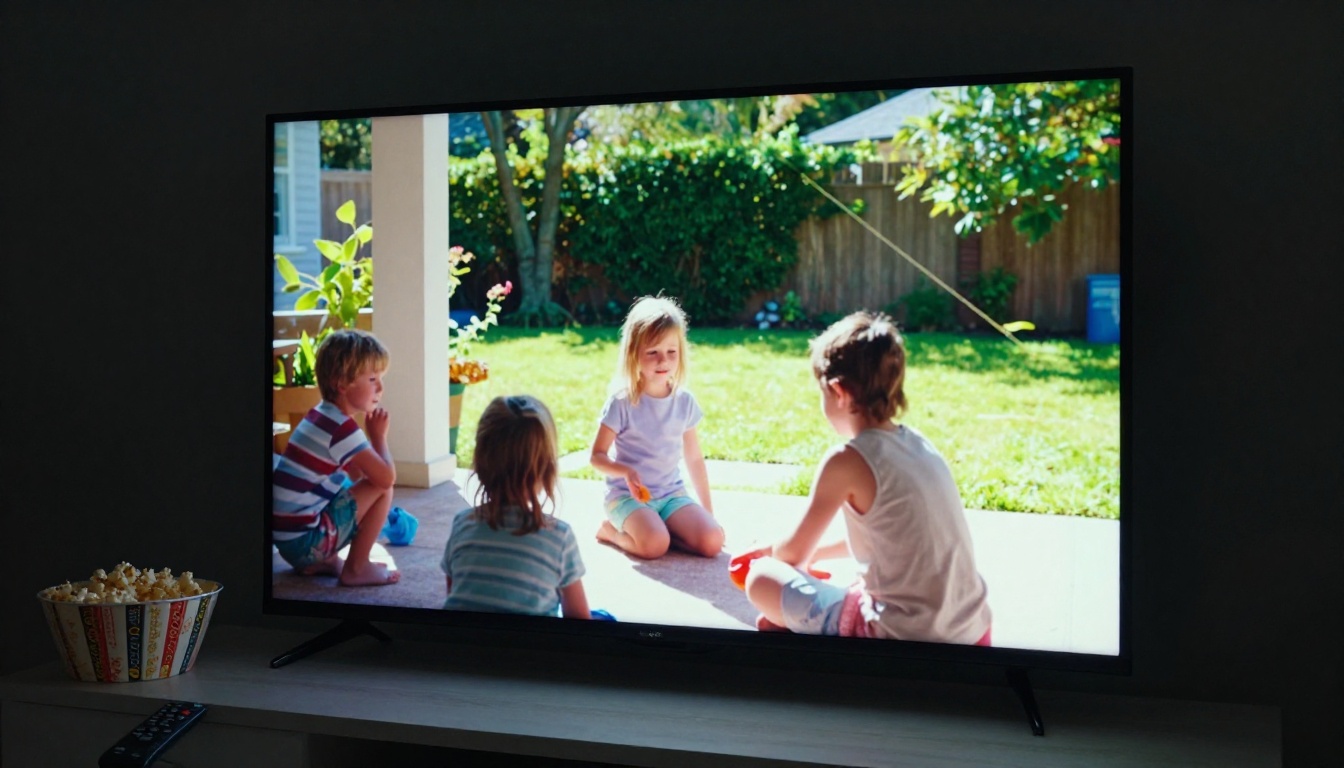 Low-angle view of large 4K TV showing restored family home video in bright colors