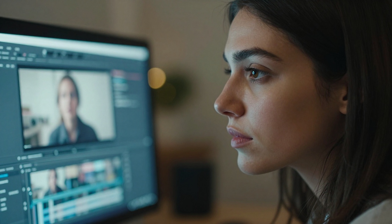 Creative professional woman focused on a monitor screen Creative professional woman focused on a monitor screen