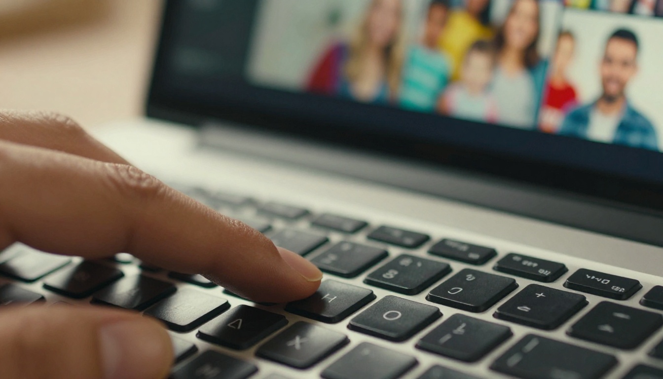 Macro close-up of laptop keyboard with AI video processing visible on screen