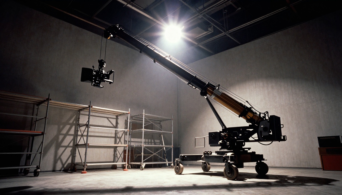 Professional camera crane arm silhouetted in a film studio Professional camera crane arm silhouetted in a film studio