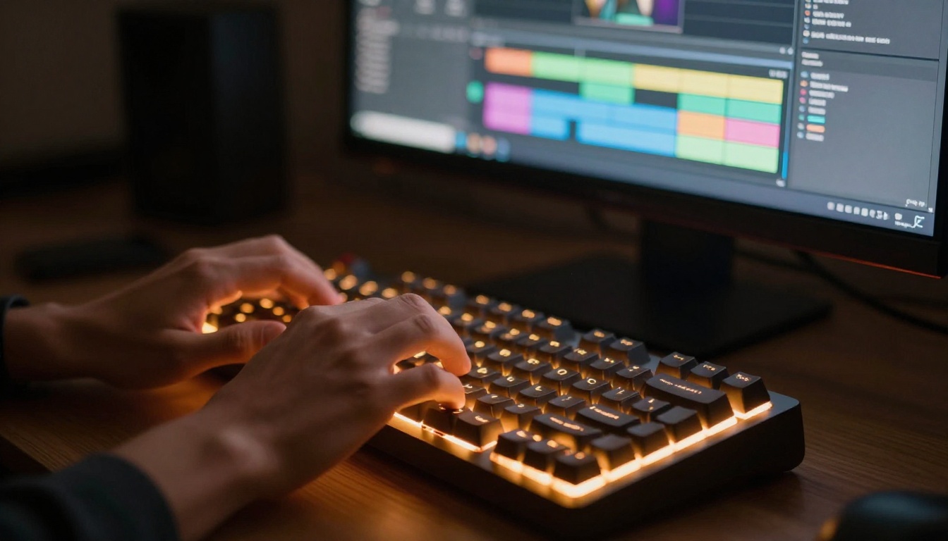 Hands typing on a mechanical keyboard with monitor glow Hands typing on a mechanical keyboard with monitor glow