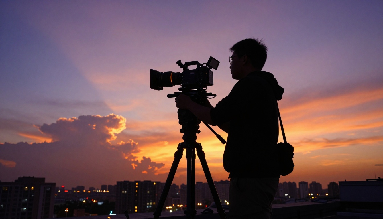 Cinematographer on a rooftop at twilight with camera Cinematographer on a rooftop at twilight with camera